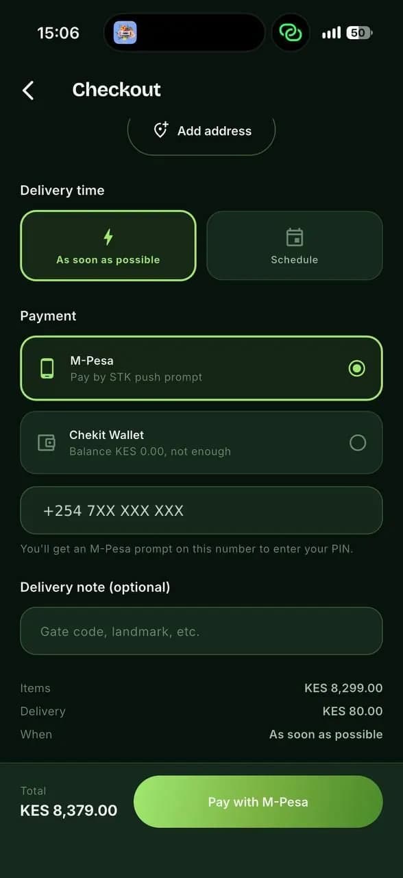 Paying with M-Pesa at checkout in the Chekit app